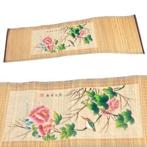 Vintage Hand Painted Asian Floral  Cherry Blossom Bamboo Long Wall Art